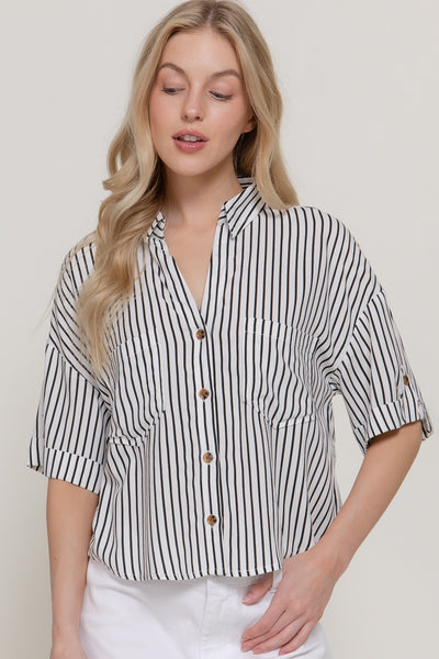 Stripe Short Slv V-neck W/Collar Top