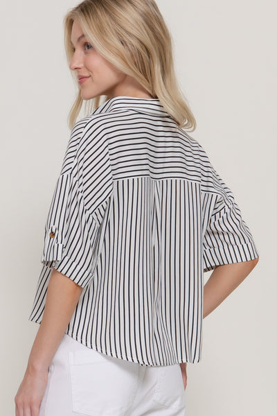 Stripe Short Slv V-neck W/Collar Top