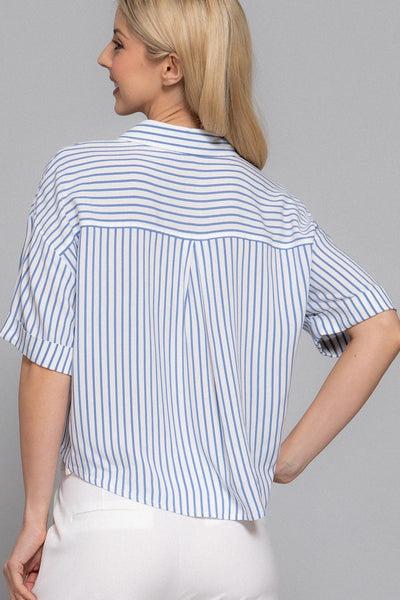 Stripe Short Slv V-neck W/Collar Top