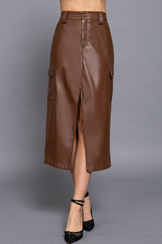 Faux Leather Midi Cargo Skirt