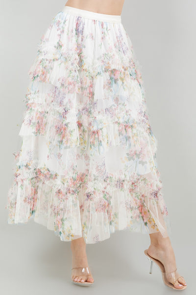 Flower Print Tulle Ruffle Skirt