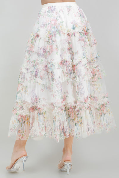 Flower Print Tulle Ruffle Skirt