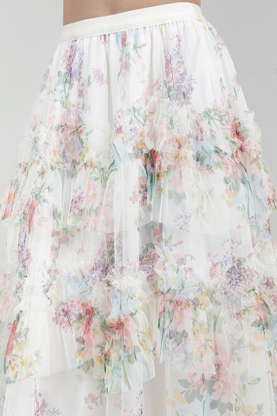 Flower Print Tulle Ruffle Skirt