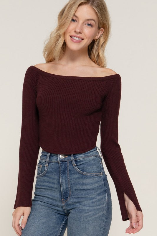 Off Shoulder Long Sleeve Knit Sweater Top