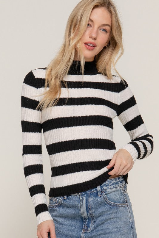 Striped Mock Neck Knit Sweater