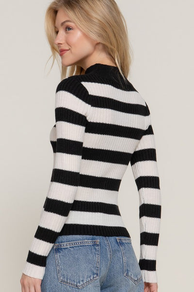 Striped Mock Neck Knit Sweater