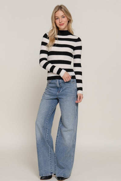 Striped Mock Neck Knit Sweater