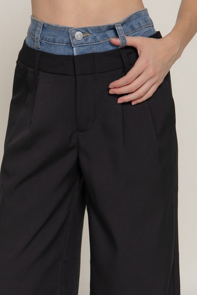 Contrast Denim Tailored Straight Pants