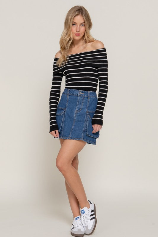 Stretch Denim Cargo Skirt