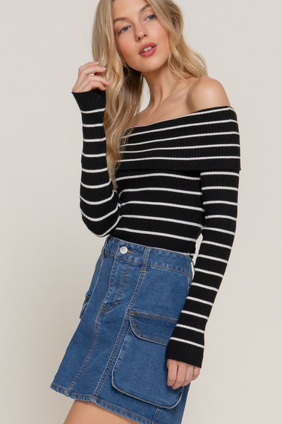 Striped Off Shoulder Ribbed Knit Top