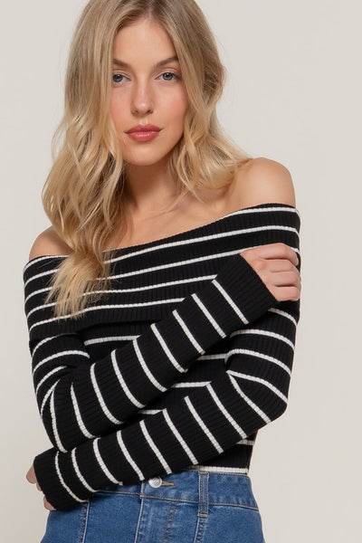 Striped Off Shoulder Ribbed Knit Top