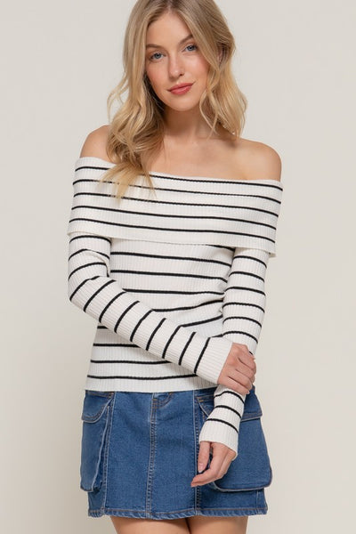 Striped Off Shoulder Ribbed Knit Top