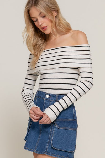 Striped Off Shoulder Ribbed Knit Top