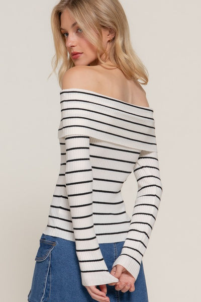 Striped Off Shoulder Ribbed Knit Top