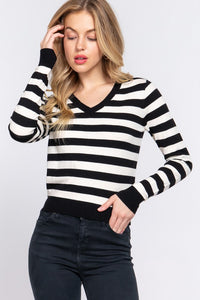 Super Soft Striped V Neck Knit Sweater