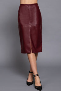 Front Slit Faux Leather Midi Skirt