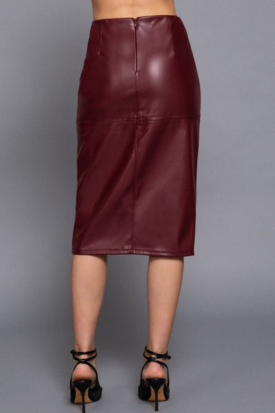 Front Slit Faux Leather Midi Skirt