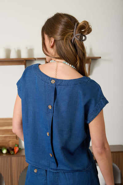 Chambray Short Sleeve Back Button Top