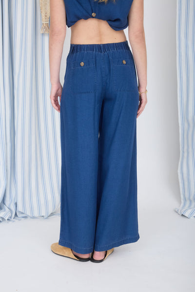 Chambray Pintuck Detail Wide Leg Pants