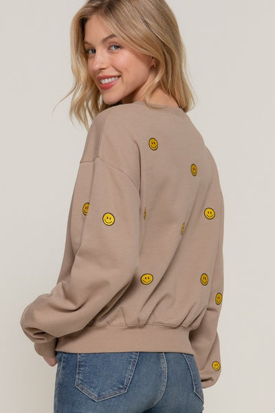 Embroidered Smiley Fleeced Sweatshirt