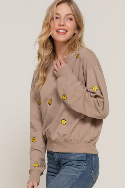 Embroidered Smiley Fleeced Sweatshirt