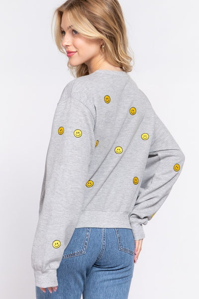 Embroidered Smiley Fleeced Sweatshirt