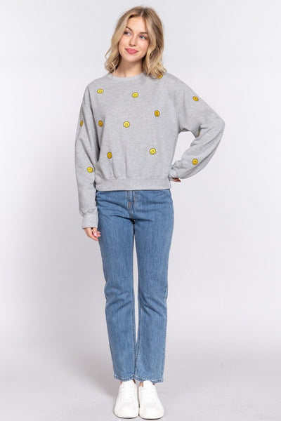 Embroidered Smiley Fleeced Sweatshirt