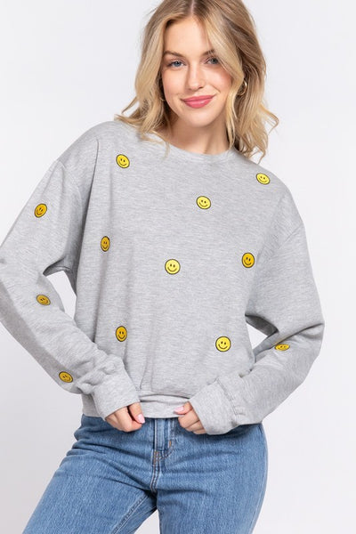 Embroidered Smiley Fleeced Sweatshirt