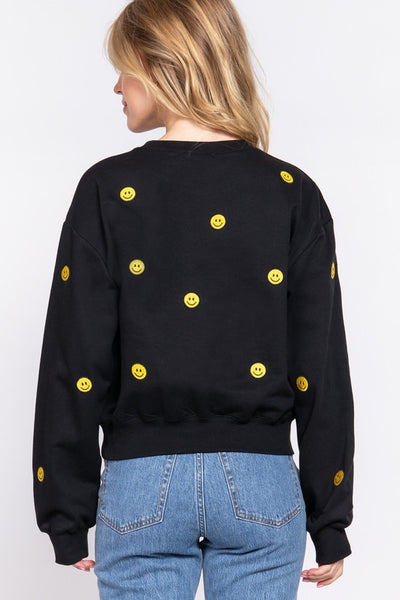 Embroidered Smiley Fleeced Sweatshirt