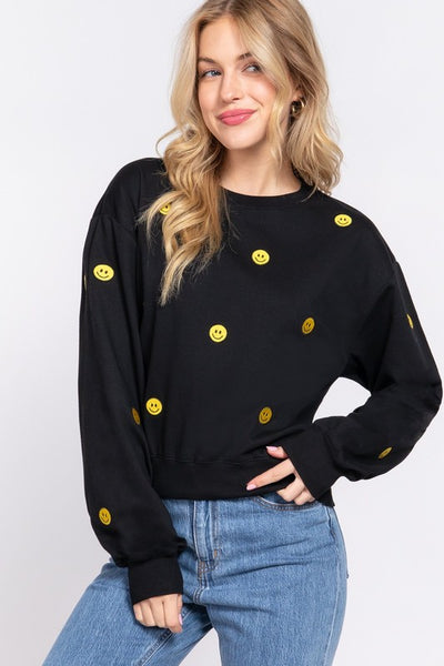 Embroidered Smiley Fleeced Sweatshirt