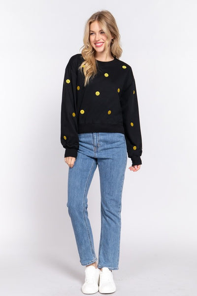 Embroidered Smiley Fleeced Sweatshirt