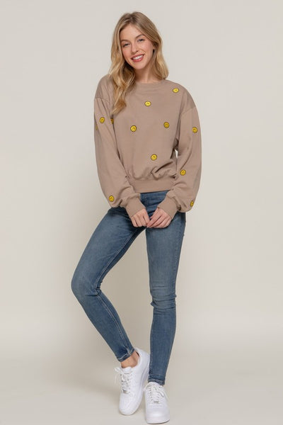 Embroidered Smiley Fleeced Sweatshirt