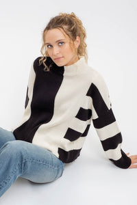 Stripe ColorBlock Mock Neck Knit Sweater