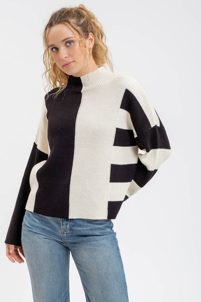 Stripe ColorBlock Mock Neck Knit Sweater