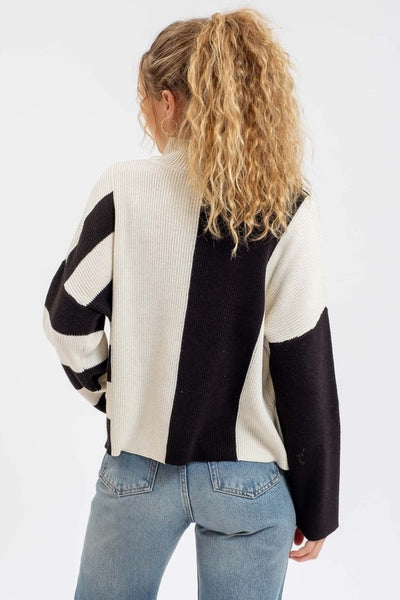 Stripe ColorBlock Mock Neck Knit Sweater