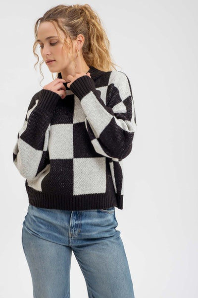 Checkered Mock Neck Heavy Knit Sweater