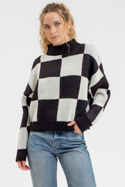 Checkered Mock Neck Heavy Knit Sweater