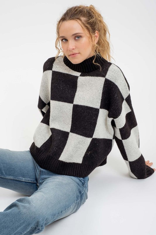 Checkered Mock Neck Heavy Knit Sweater