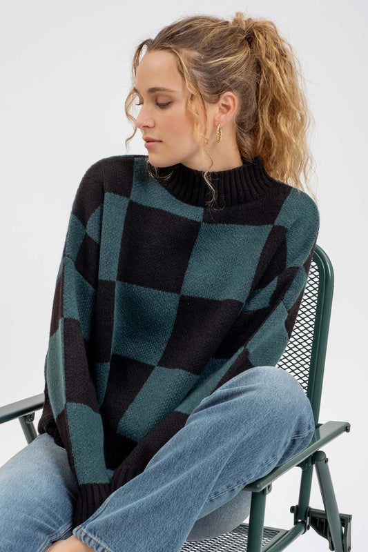 Checkered Mock Neck Heavy Knit Sweater