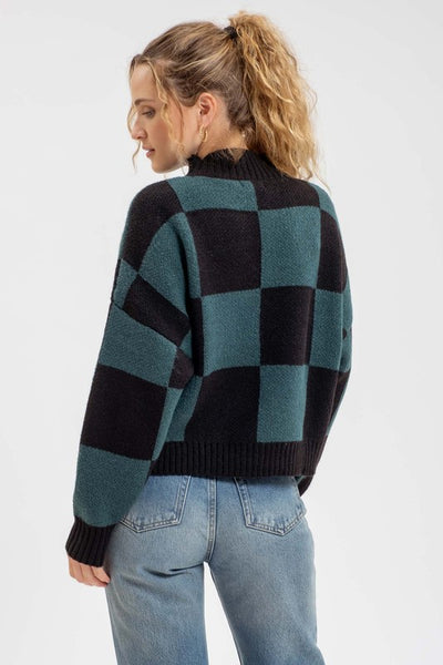 Checkered Mock Neck Heavy Knit Sweater