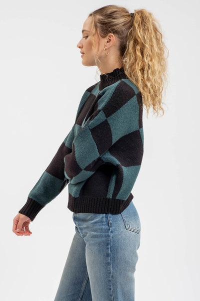 Checkered Mock Neck Heavy Knit Sweater