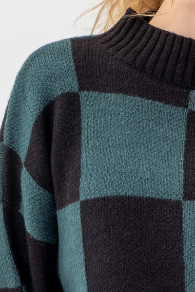 Checkered Mock Neck Heavy Knit Sweater