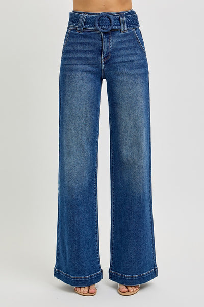 Tummy Control High Rise Wide Leg Self Belted Jeans