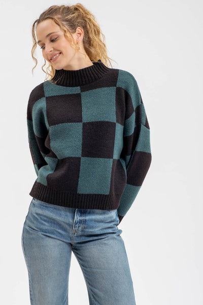 Checkered Mock Neck Heavy Knit Sweater