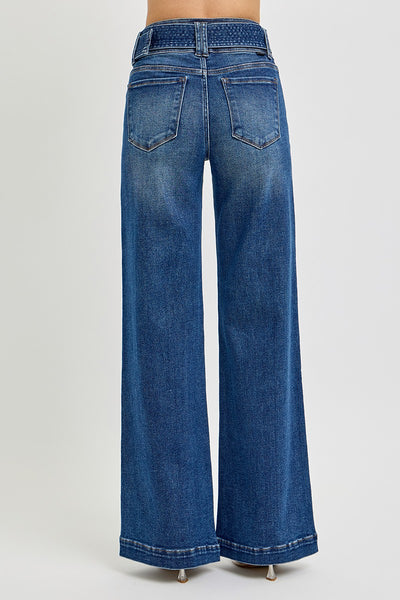 Tummy Control High Rise Wide Leg Self Belted Jeans