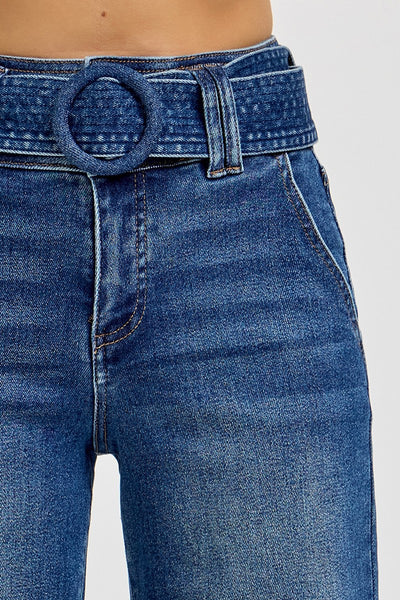 Tummy Control High Rise Wide Leg Self Belted Jeans
