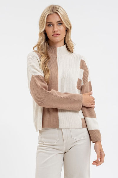 Stripe ColorBlock Mock Neck Knit Sweater
