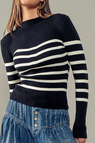 Stripe Mock Neck Long Sleeve Knit Sweater Top