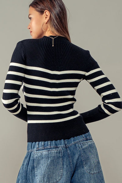 Stripe Mock Neck Long Sleeve Knit Sweater Top