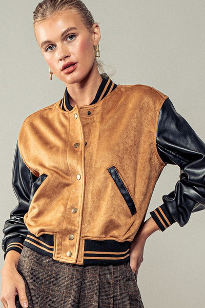 Suede + Faux Leather ColorBlock Bomber Jacket